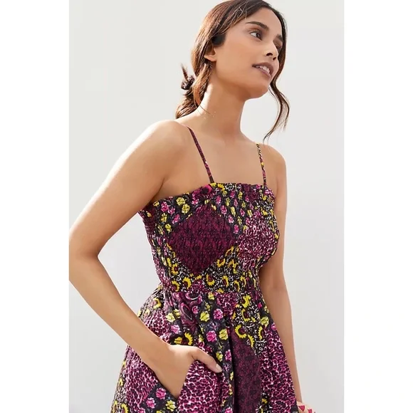 NWT RARE ANTHROPOLOGIE ABSTRACT SMOCKED POMMED MIDI DRESS - Picture 6 of 7